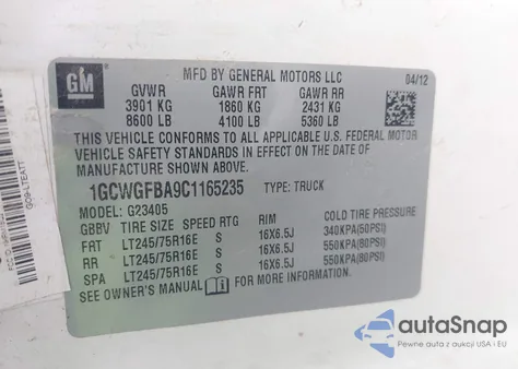 2012 Chevrolet Express 2500 Work Van from USA, damaged, VIN 1GCWGFBA9C1165235